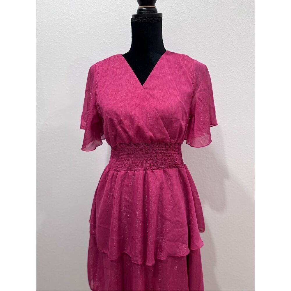 Ruffle Sleeve Wrap V Neck Midi Dresses for Women Causal Summer Smocked Waist Tie - Picture 3 of 10